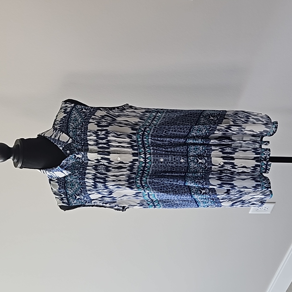 Fever | Sheer Button Blue & White Tank Top | Womens Large